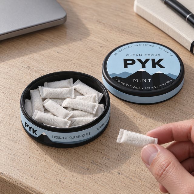 An open PYK MINT box with pouches, fingers lifting one pouch